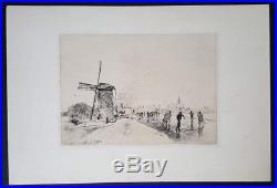Gravure Eau Forte Johan JONGKIND impressionnisme patinage moulin hollande XIXè