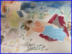 Gravure Lithographie 1950 Ancien La Plage Mer Méditerranée Art À Identifier XXe