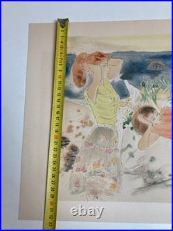 Gravure Lithographie 1950 Ancien La Plage Mer Méditerranée Art À Identifier XXe