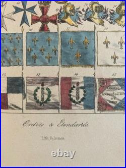 Gravure Lithographie Couleur Ordre Et Étendard Art Litho Drapeau Médaille XIXe