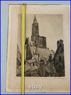 Gravure Lithographie René Allenbach Estampe Ancien 1920 Old Etching Strasbourg