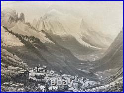 Gravure Originale XIXe Estampe Chamonix Mont Blanc Alpes Vache Paysage Ancien