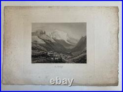 Gravure Originale XIXe Estampe Chamonix Mont Blanc Alpes Vache Paysage Ancien
