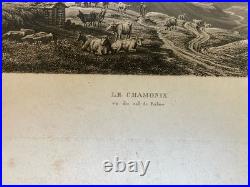Gravure Originale XIXe Estampe Chamonix Mont Blanc Alpes Vache Paysage Ancien