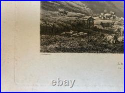 Gravure Originale XIXe Estampe Chamonix Mont Blanc Alpes Vache Paysage Ancien