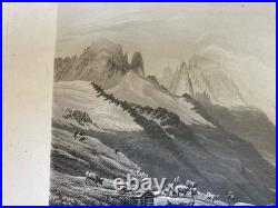Gravure Originale XIXe Estampe Chamonix Mont Blanc Alpes Vache Paysage Ancien