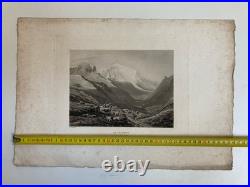 Gravure Originale XIXe Estampe Chamonix Mont Blanc Alpes Vache Paysage Ancien