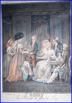 Gravure Originale-jb Huet-bonnet-present-jour De L An-epoque Xviii-noblesse-1/2