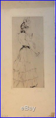 Gravure Pointe Sèche Antoinette DESAILLE Elegante Eventail Impressionniste 1900