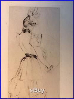 Gravure Pointe Sèche Antoinette DESAILLE Elegante Eventail Impressionniste 1900