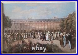 Gravure XIXème Paris, polychrome, encadré, sous verre, Les jardins du Palais