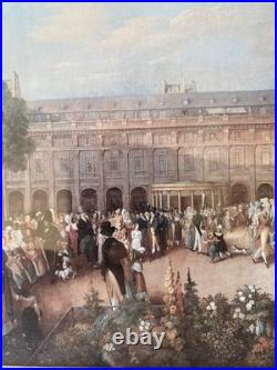 Gravure XIXème Paris, polychrome, encadré, sous verre, Les jardins du Palais