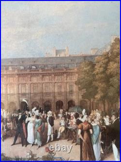 Gravure XIXème Paris, polychrome, encadré, sous verre, Les jardins du Palais