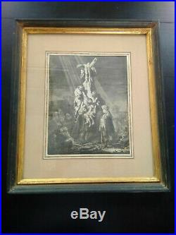 Gravure ancienne Rembrandt 1633 La grande descente de croix eau forte inversée