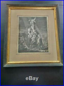 Gravure ancienne Rembrandt 1633 La grande descente de croix eau forte inversée