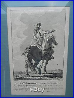 Gravure ancienne XVIIIe encadrée DE LA RUE Mousquetaire à cheval 2e COMPAGNIE