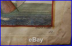 Gravure aquarellée fin XVIIIe VAISSEAU de guerre signée Benard direxit