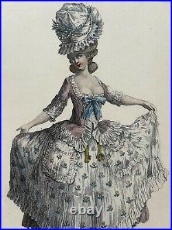 Gravure coloriée à la mais danseuse XVIIIème siècle Desrais Galerie des modes