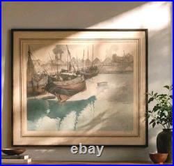 Gravure couleur R. Hebbelinck 123/350 scène portuaire bateaux Dietrich Bruxelles