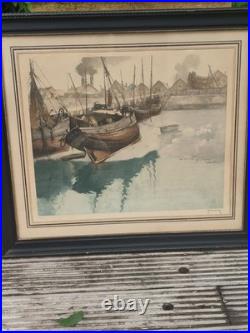 Gravure couleur R. Hebbelinck 123/350 scène portuaire bateaux Dietrich Bruxelles