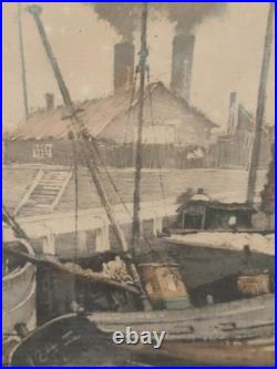 Gravure couleur R. Hebbelinck 123/350 scène portuaire bateaux Dietrich Bruxelles