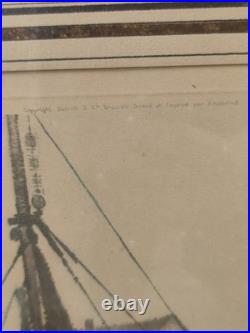 Gravure couleur R. Hebbelinck 123/350 scène portuaire bateaux Dietrich Bruxelles