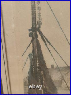 Gravure couleur R. Hebbelinck 123/350 scène portuaire bateaux Dietrich Bruxelles