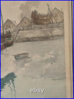 Gravure couleur R. Hebbelinck 123/350 scène portuaire bateaux Dietrich Bruxelles
