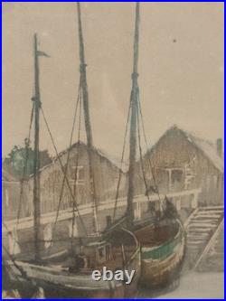 Gravure couleur R. Hebbelinck 123/350 scène portuaire bateaux Dietrich Bruxelles