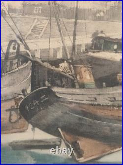 Gravure couleur R. Hebbelinck 123/350 scène portuaire bateaux Dietrich Bruxelles