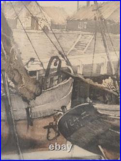 Gravure couleur R. Hebbelinck 123/350 scène portuaire bateaux Dietrich Bruxelles
