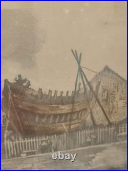 Gravure couleur R. Hebbelinck 123/350 scène portuaire bateaux Dietrich Bruxelles