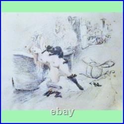 Gravure estampe lithographie Adolphe Willette agression femme par chat 1888
