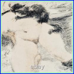 Gravure estampe lithographie Adolphe Willette agression femme par chat 1888