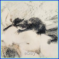 Gravure estampe lithographie Adolphe Willette agression femme par chat 1888