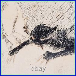 Gravure estampe lithographie Adolphe Willette agression femme par chat 1888