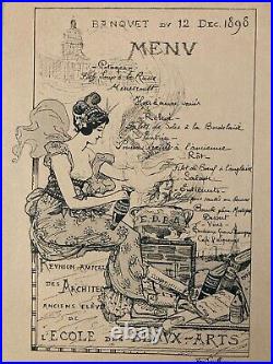 Gravure lithographie 1898 Menu Banquet Beaux Art Paris Architecte Architecture