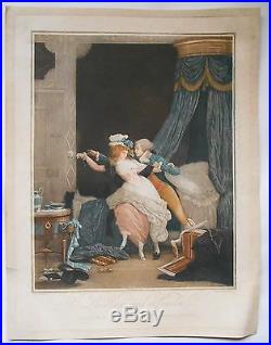 Gravure originale imprimé couleur -La Rose mal défendue Debucourt 1791