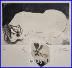 Gravure originale signée de Joël Roche Lover, 46/100 Nu féminin et libellule