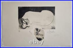 Gravure originale signée de Joël Roche Lover, 46/100 Nu féminin et libellule