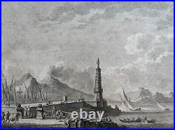 Gravure sur Cuivre Mole En Naples Italie Port Nicollet 19. Siècle Ancien Vintage