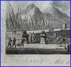 Gravure sur Cuivre Mole En Naples Italie Port Nicollet 19. Siècle Ancien Vintage