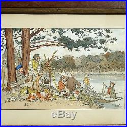HARRY ÉLIOTT (1882-1959) gravure scène de pêche pique-nique des chasseurs