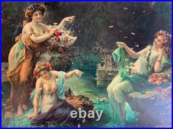 Hans Zatzka (1859-1945) Rare Chromolithographie Les Nymphes Vers 1900 Hans Zatzka (1859-1945) Rare Chromolithographie Les Nymphes Vers 1900