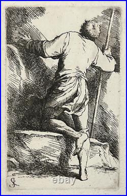 Homme Baton GRAVURE Estampe SALVATOR ROSA Figure XVII°