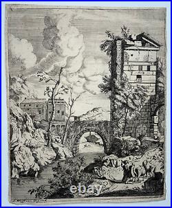 JEREMIAS WOLFF Paysage GRAVURE Pont Barque XVIII°