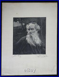 Jan STYKA (1858-1925) Portrait Léon Tolstoi estampe dédicace Lwow Pologne