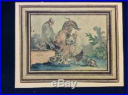 Jean-Baptiste I HUET 1745-1811 très rare gravure aquarellée coq poules poussins