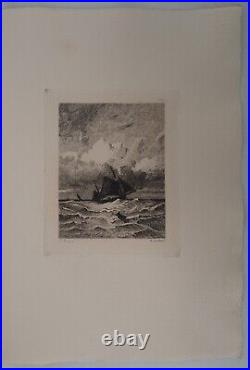 Jules DUPRE Bateau pêcheur et barques Gravure, Signée #Durand Ruel 1873