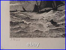 Jules DUPRE Bateau pêcheur et barques Gravure, Signée #Durand Ruel 1873